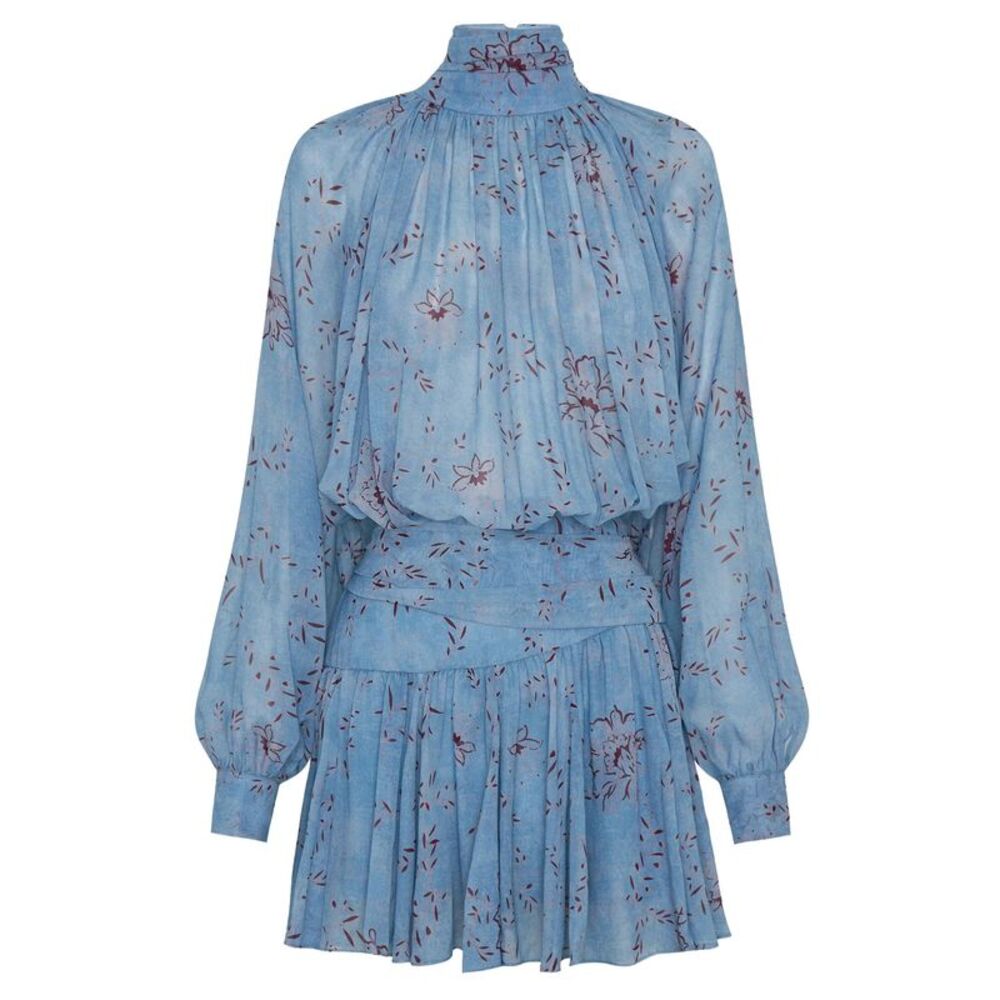 Nicholas Womens Cecile High Neck Godets Mini Dress 6 Wisteria Floral Blue Smoke